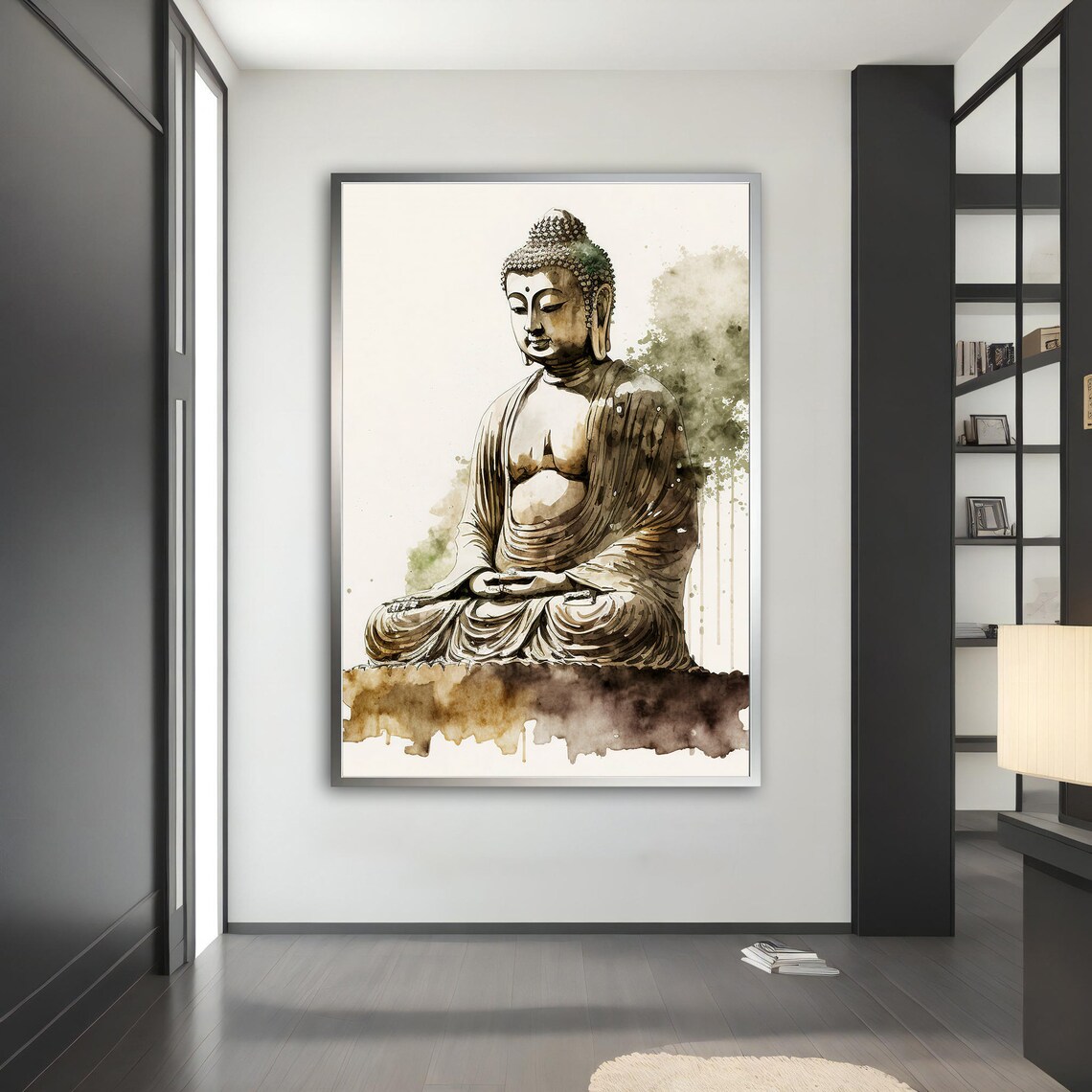 Minimalist Ink Wash Buddha Statue Seated Meditation Green Grey Art Poster - Image 5