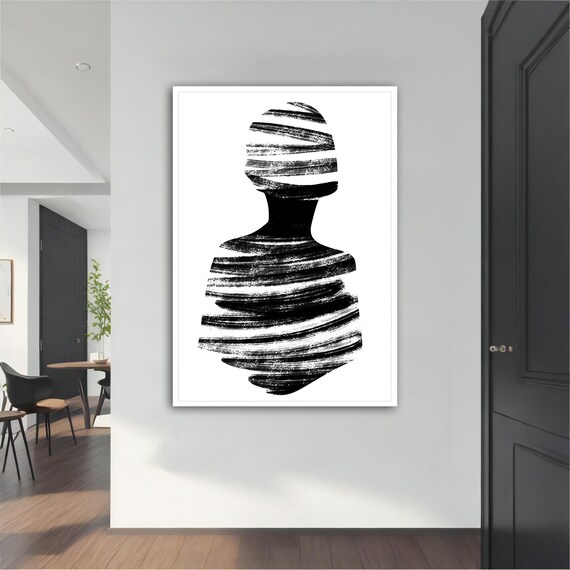 Minimalist Black White Striped Woman Silhouette Abstract Wall Art