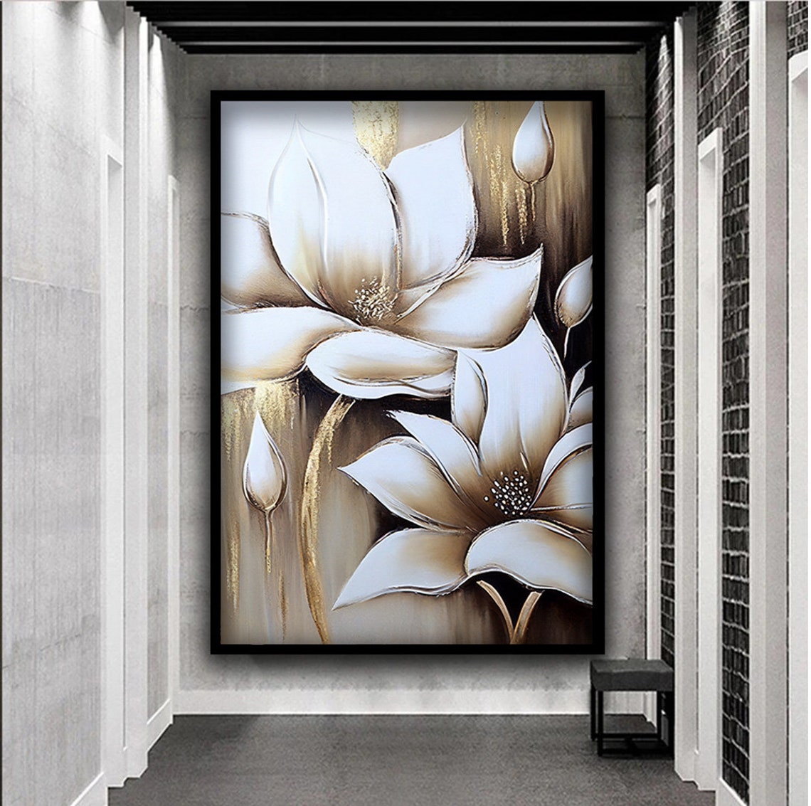 White Magnolia Flowers with Gold Accents on Neutral Beige Art Poster - Image 5