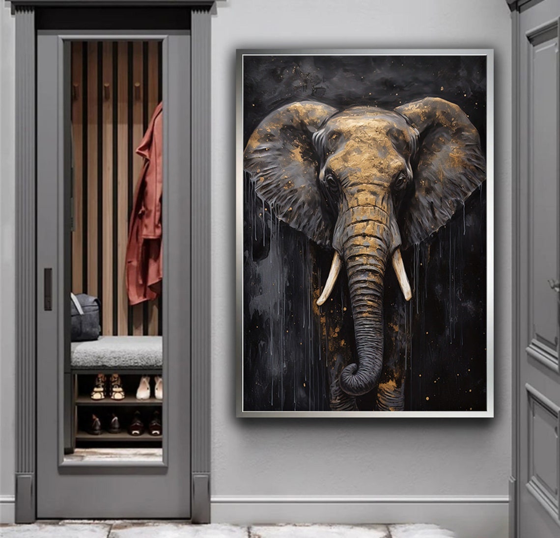Elephant Front View Gold Accents Dark Moody Wildlife Art Poster - Image 4