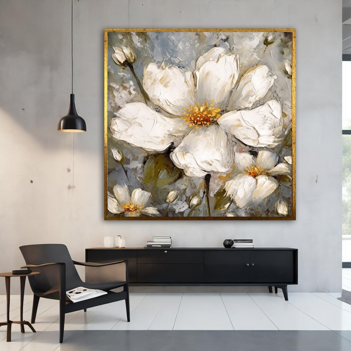 White Flowers Oil Painting Impasto Soft Gray Floral Art Poster - Image 4