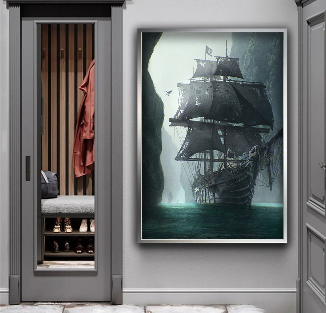 Misty Ghost Pirate Ship with Tattered Sails Dark Ocean Art Print - Image 5