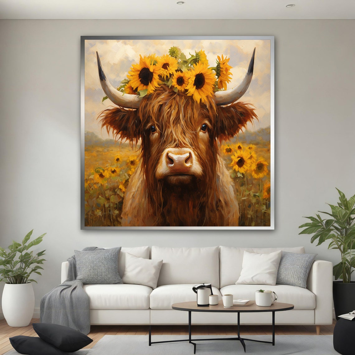 Highland Cow Sunflower Crown Field Rustic Farm Animal Art Poster - Image 3
