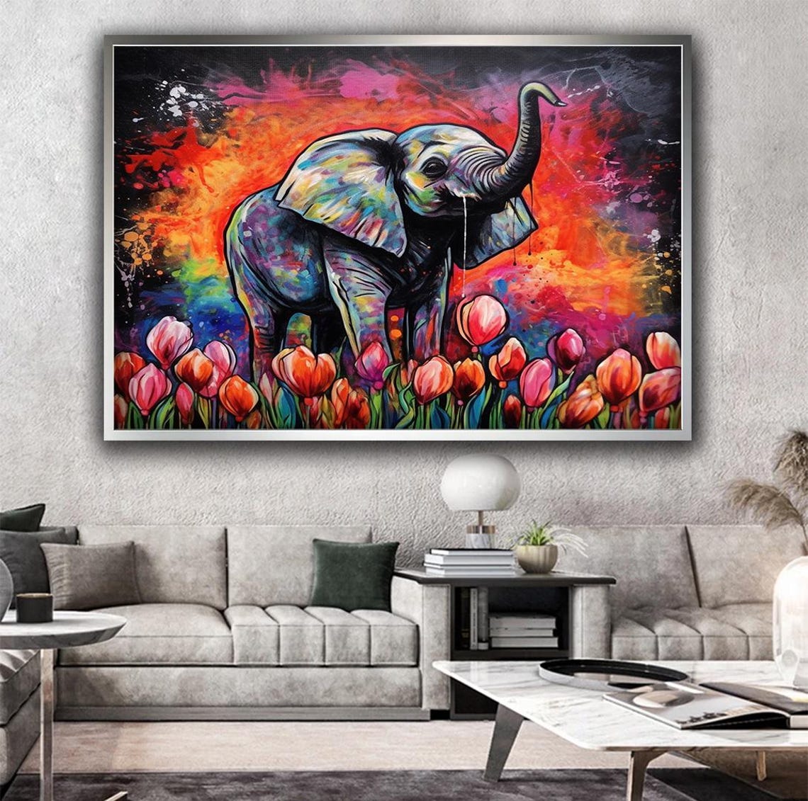 Baby Elephant Among Pink Tulips with Colorful Paint Splashes Poster - Image 5