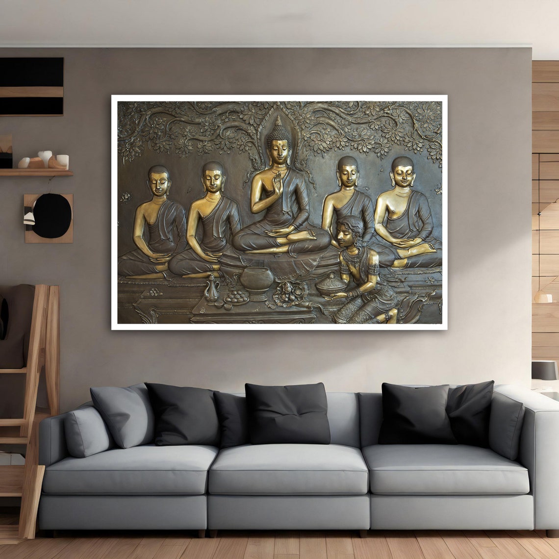 Golden Buddhas Bronze Relief Meditation Asian Spiritual Art Poster - Image 4
