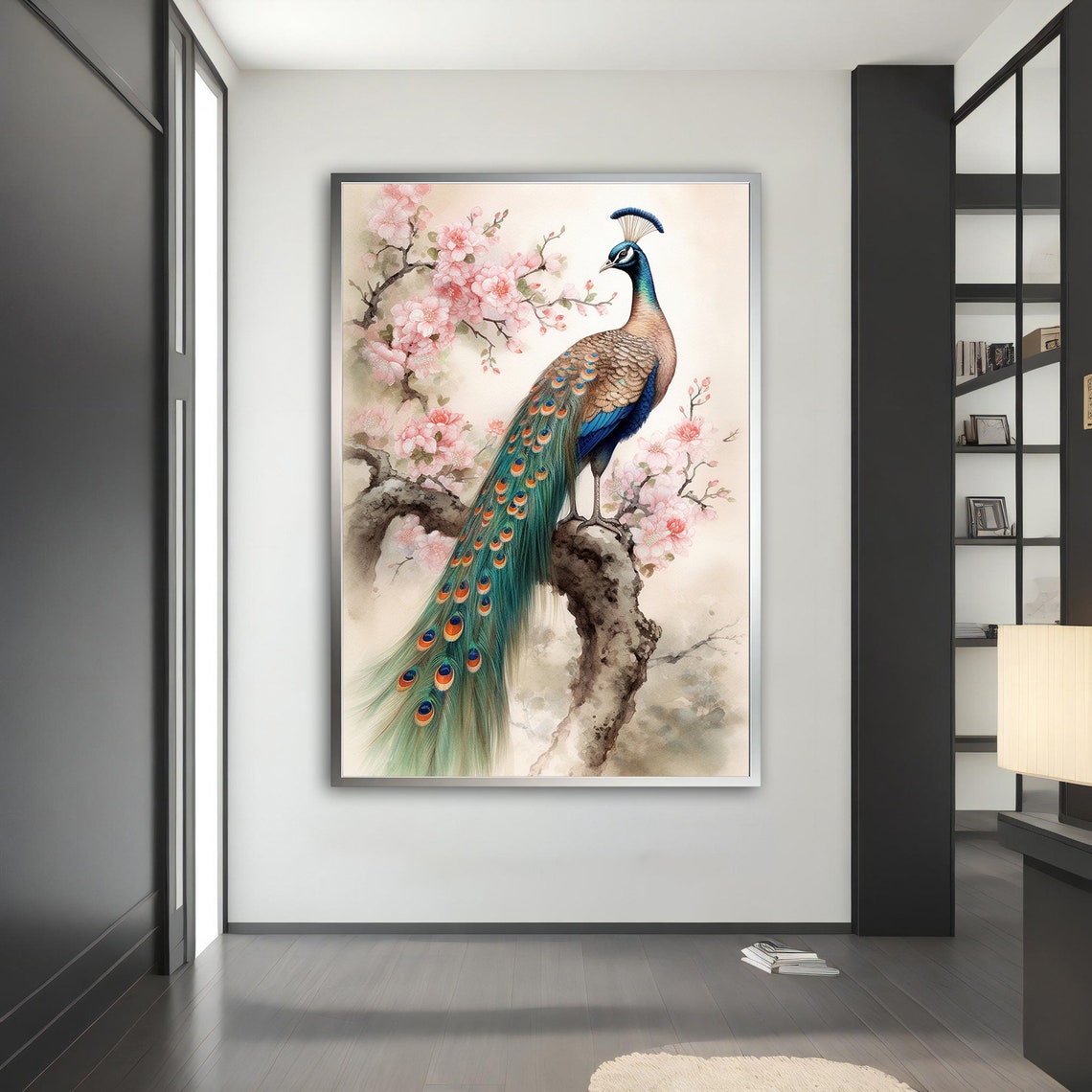 Peacock on Cherry Blossom Branch Watercolor Asian Animal Poster - Image 5