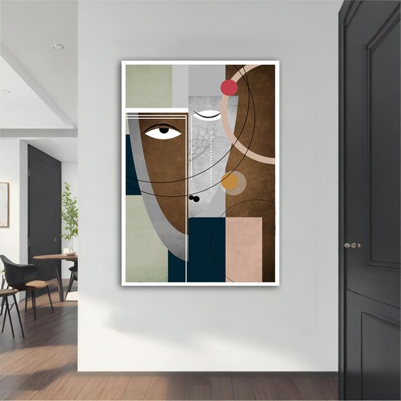 Geometric Cubist Woman Face Mid Century Modern Earth Tone Abstract Poster