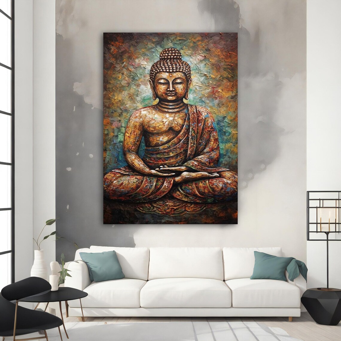 Meditating Buddha Colorful Mosaic Texture Painting Warm Earth Tones Poster - Image 3
