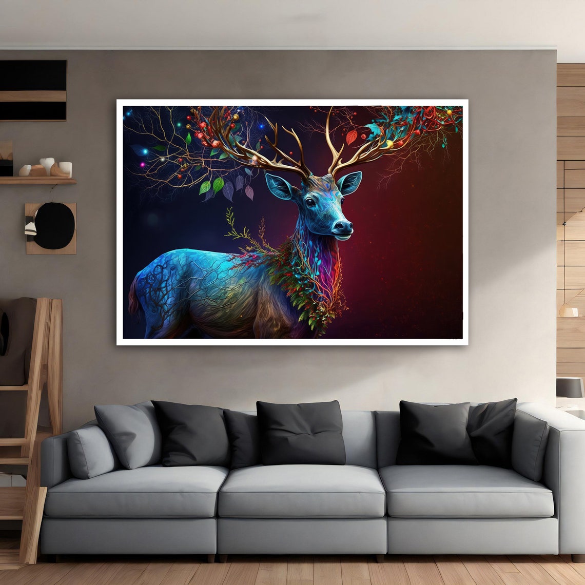 Glowing Blue Stag with Tree Branch Antlers Fantasy Animal Art - Image 5