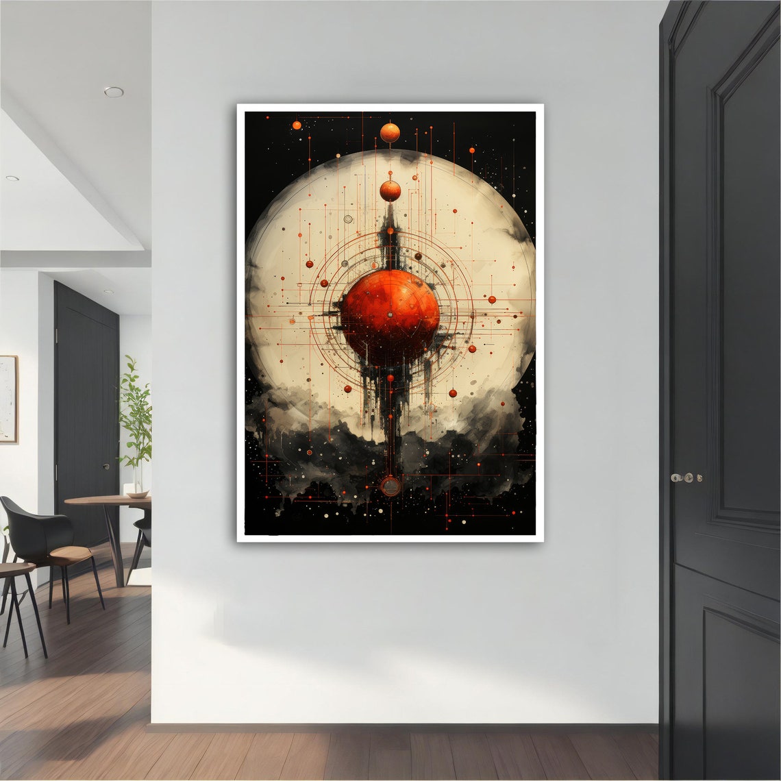 Cosmic Red Planet Orbit Rings Cream Moon Black Space Art Poster - Image 4
