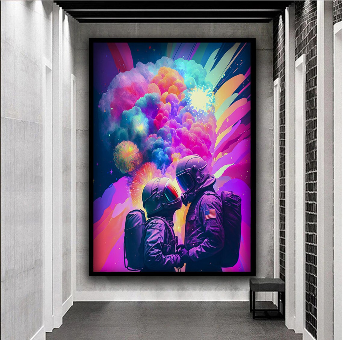 Astronaut Couple Love In Space Colorful Neon Galaxy Art Poster - Image 5