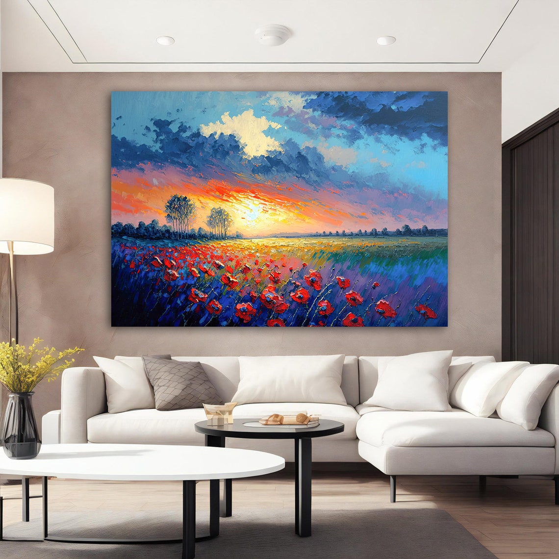 Red Poppy Field Sunset Vibrant Sky Landscape Painting Poster - Image 2