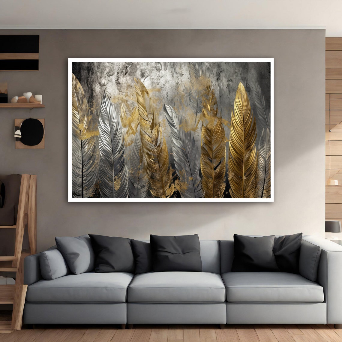 Gray Gold Feathers Abstract Luxe Modern Elegant Feather Wall Art - Image 4