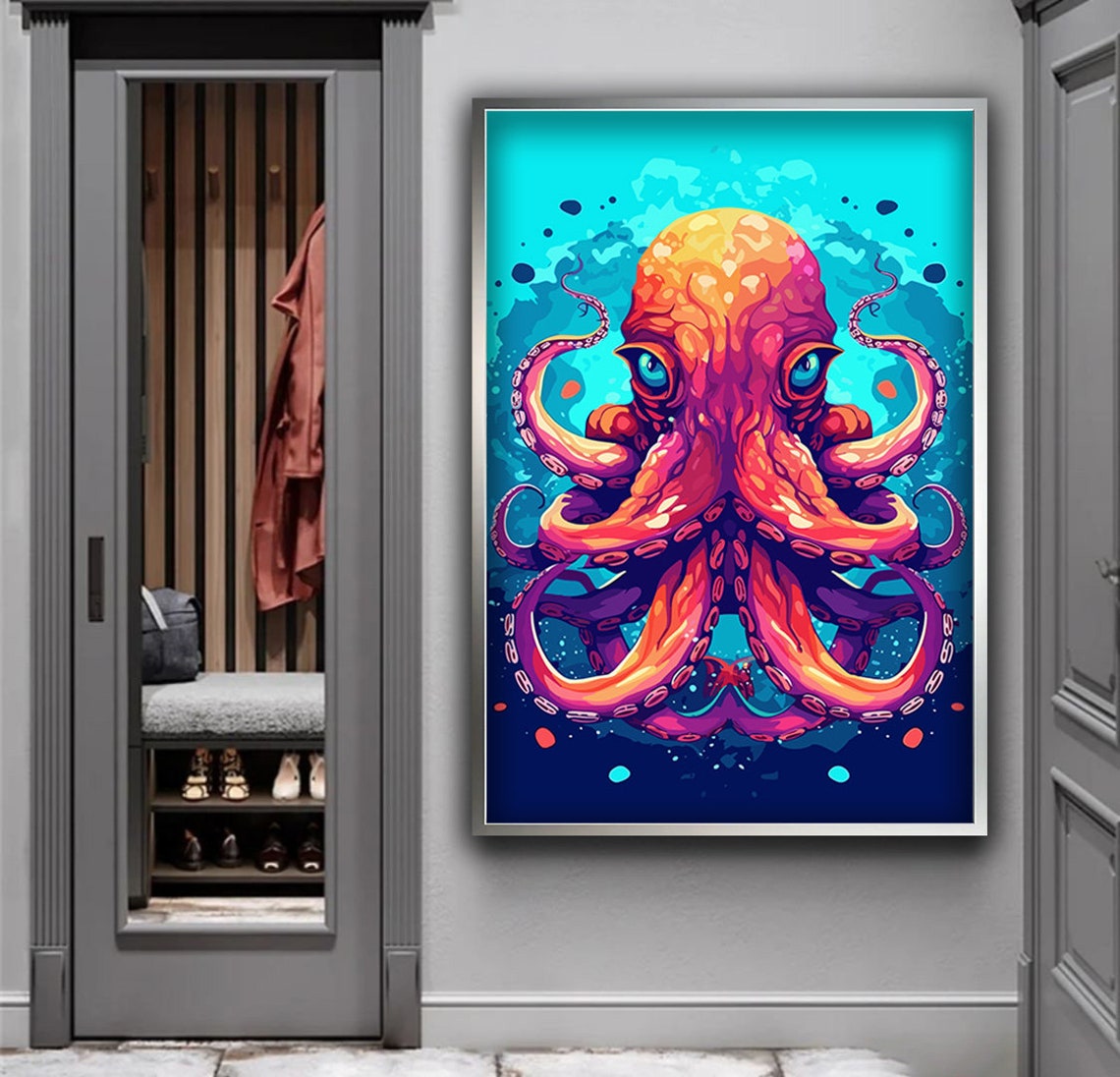 Vibrant Orange Octopus Turquoise Sea Bold Pop Art Ocean Poster - Image 2