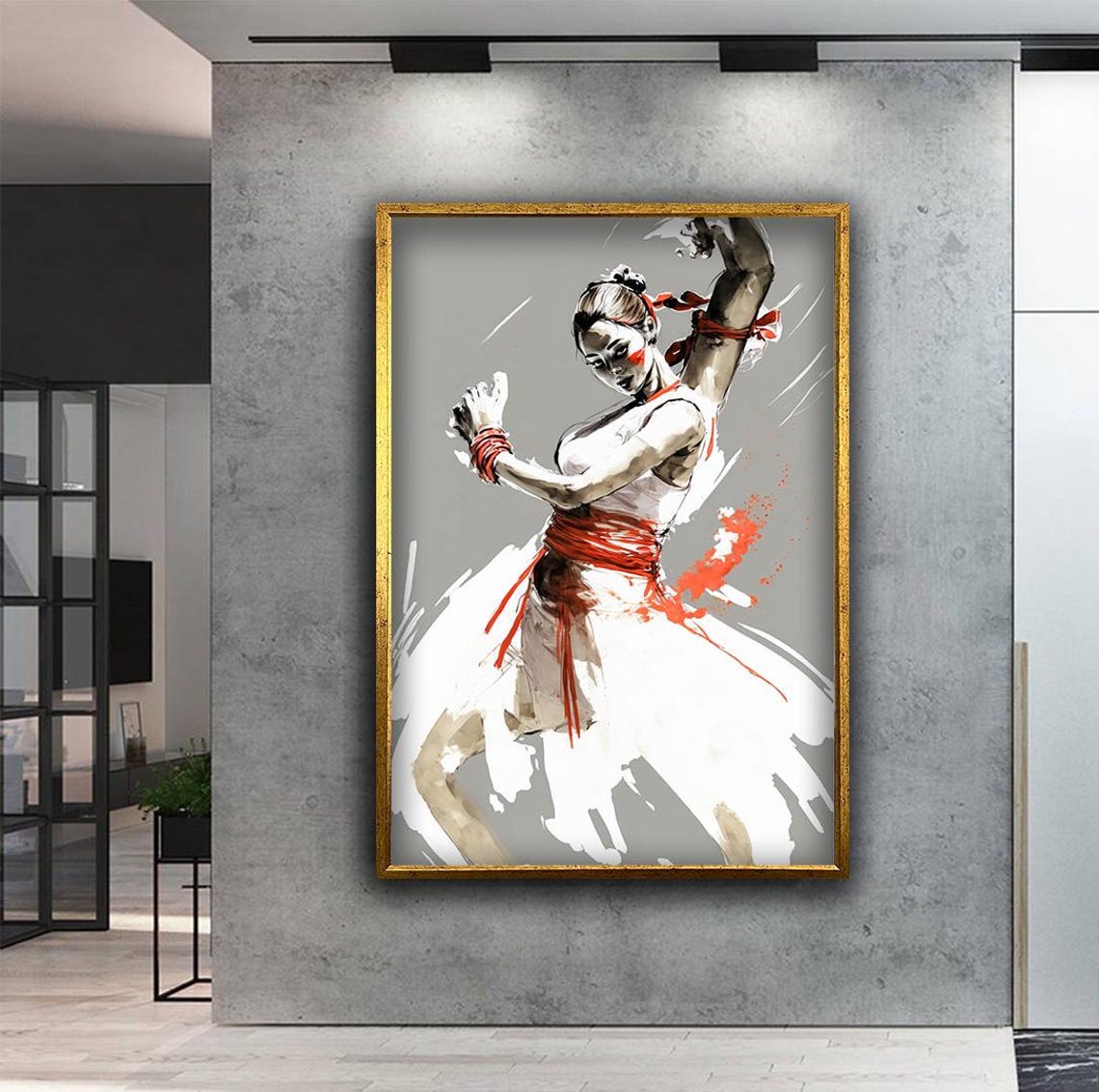 Asian Dancer White Dress Red Ribbons Dynamic Ink Motion Art Poster - Image 3