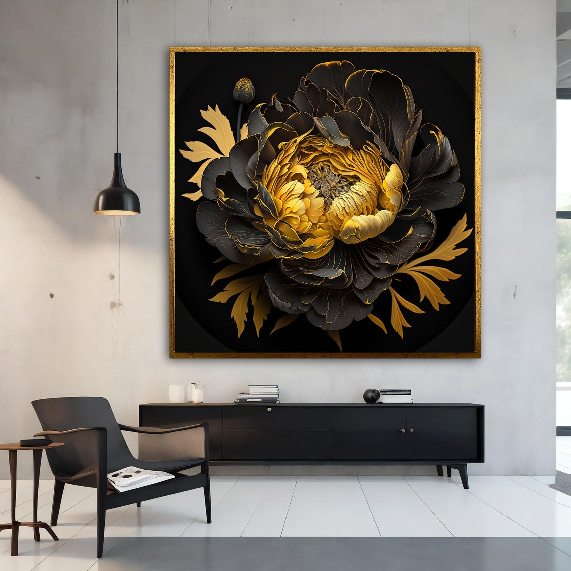 Golden Peony Black Petals Gold Edges Dark Floral Wall Art Poster - Image 4