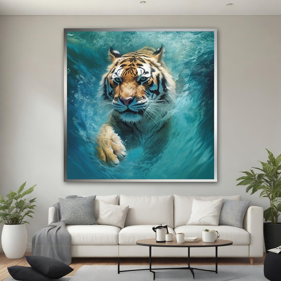 Tiger Swimming Underwater Turquoise Waves Powerful Wildlife Art Wall Poster - Image 3