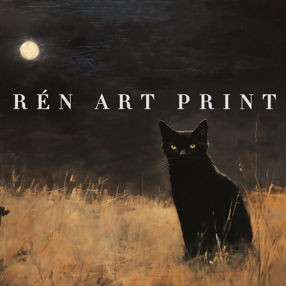 Black Cat Moonlit Night Golden Field Moody Gothic Autumn Halloween Poster - Image 3