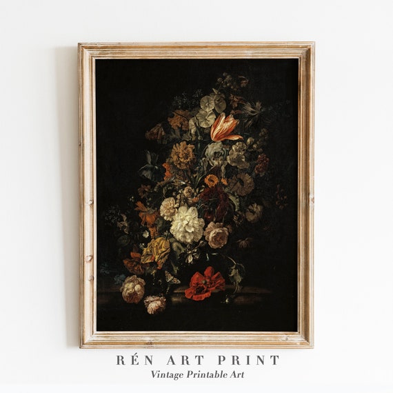 Dark Floral Painting Art, Vintage Moody Print