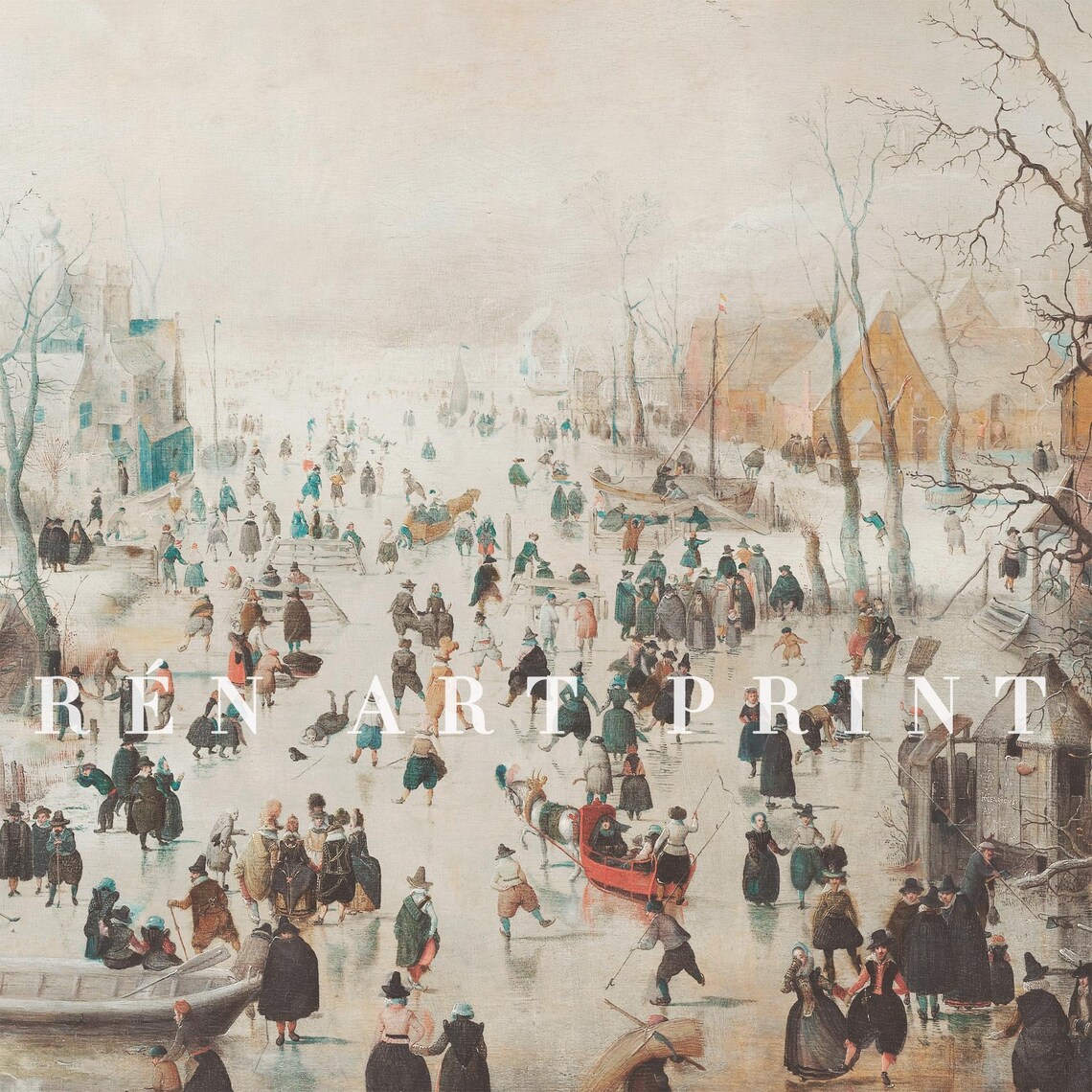 Vintage Ice Skating Painting Christmas Wall Art Snowy Village Art Print Country Holiday Decor Antique Winter Print - Image 3