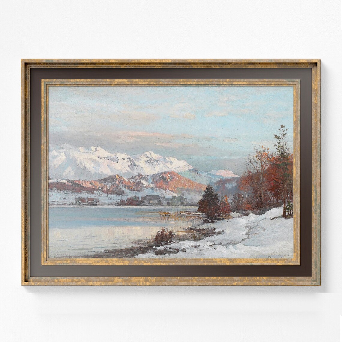 Alpine Mountain Lake Snowy Peaks Village Winter Landscape Vintage Oil Poster - Image 2