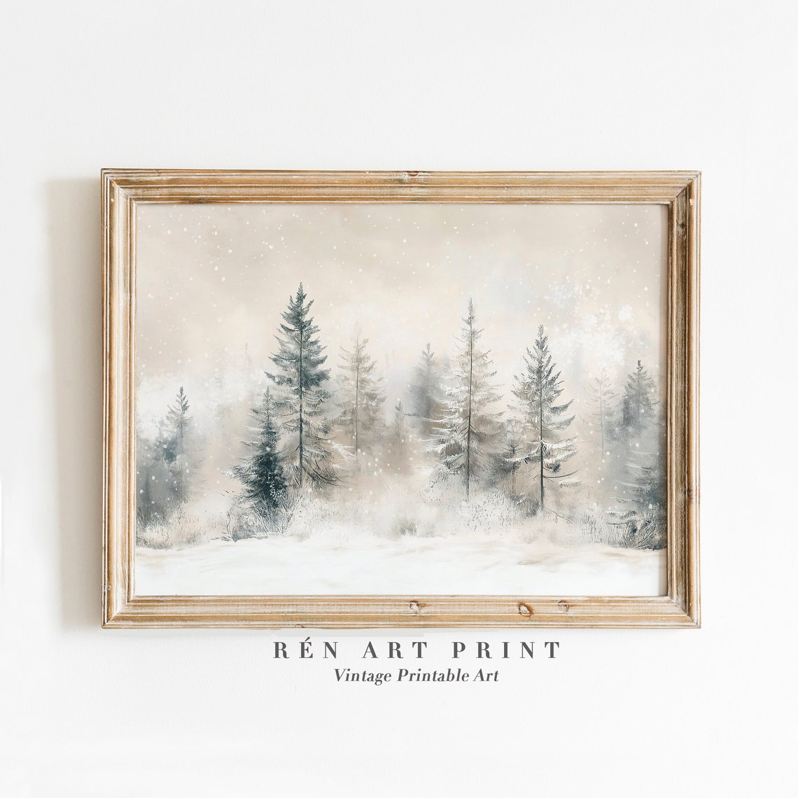 Snowy Pine Forest in Falling Snow Minimalist Winter Art Print