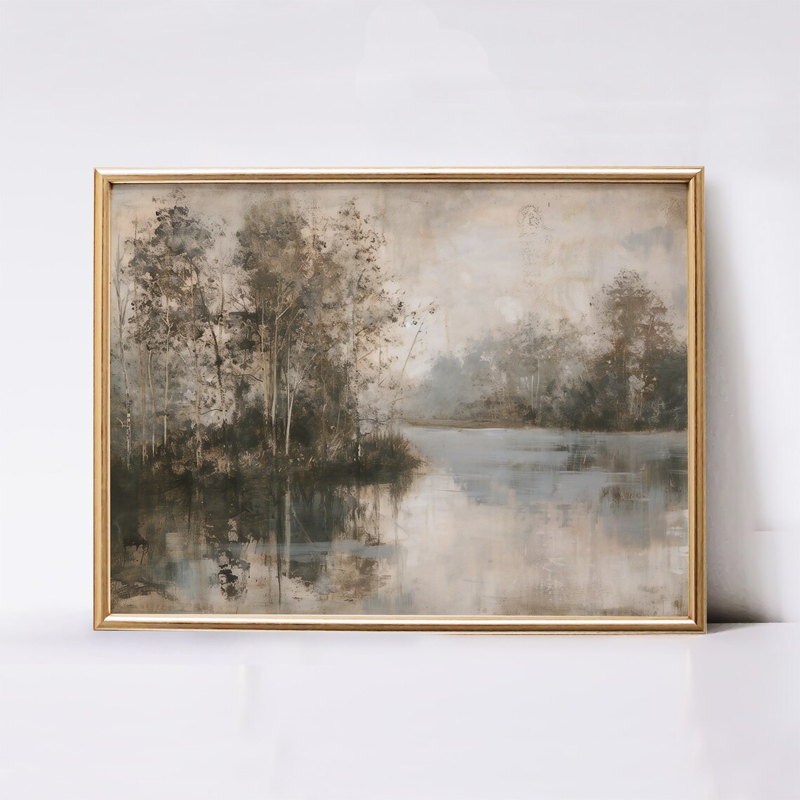 Misty Neutral Lake Landscape with Trees Foggy Vintage Art Poster - Image 2