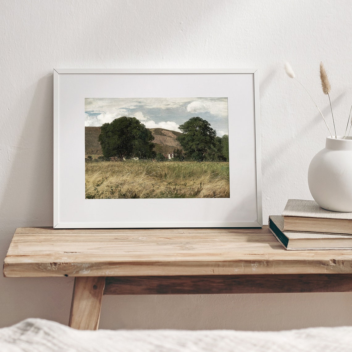 Summer Meadow with Tall Grass and Oak Trees Hillside Art Poster - Image 2