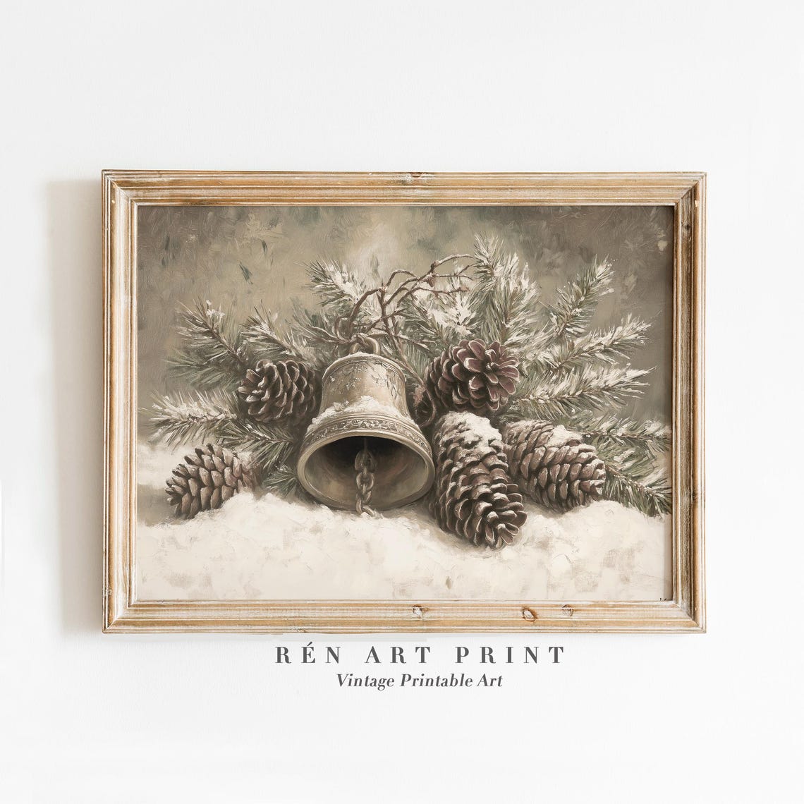 Christmas Bell Pine Cones Snowy Still Life Vintage Holiday Print
