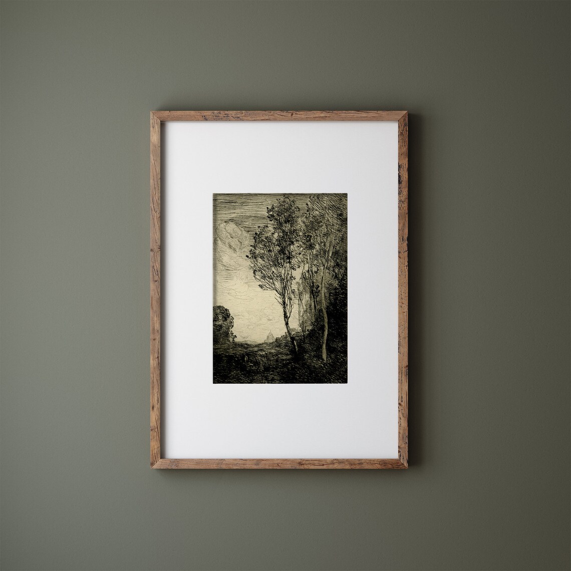 Vintage Ink Sketch of Trees by a Lake at Dusk Rustic Art Print - Image 2