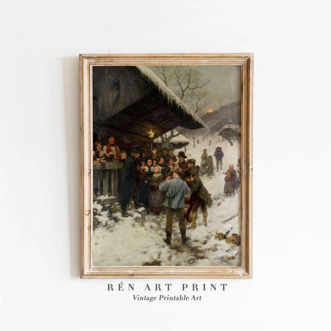 Vintage Christmas Wall Art Antique Winter Oil Painting Holiday In Village Wall Art Farmhouse Christmas Art Print