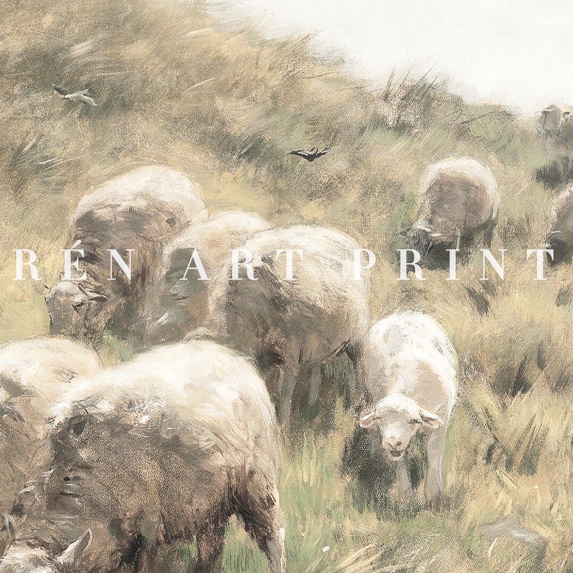 Sheep Flock Grazing on Green Hill Antique Pastoral Art Poster - Image 2