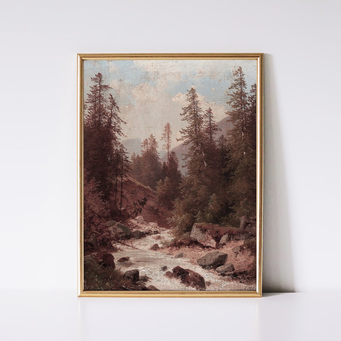 Mountain Stream through Pine Forest Gorge Vintage Landscape Art Poster - Image 2
