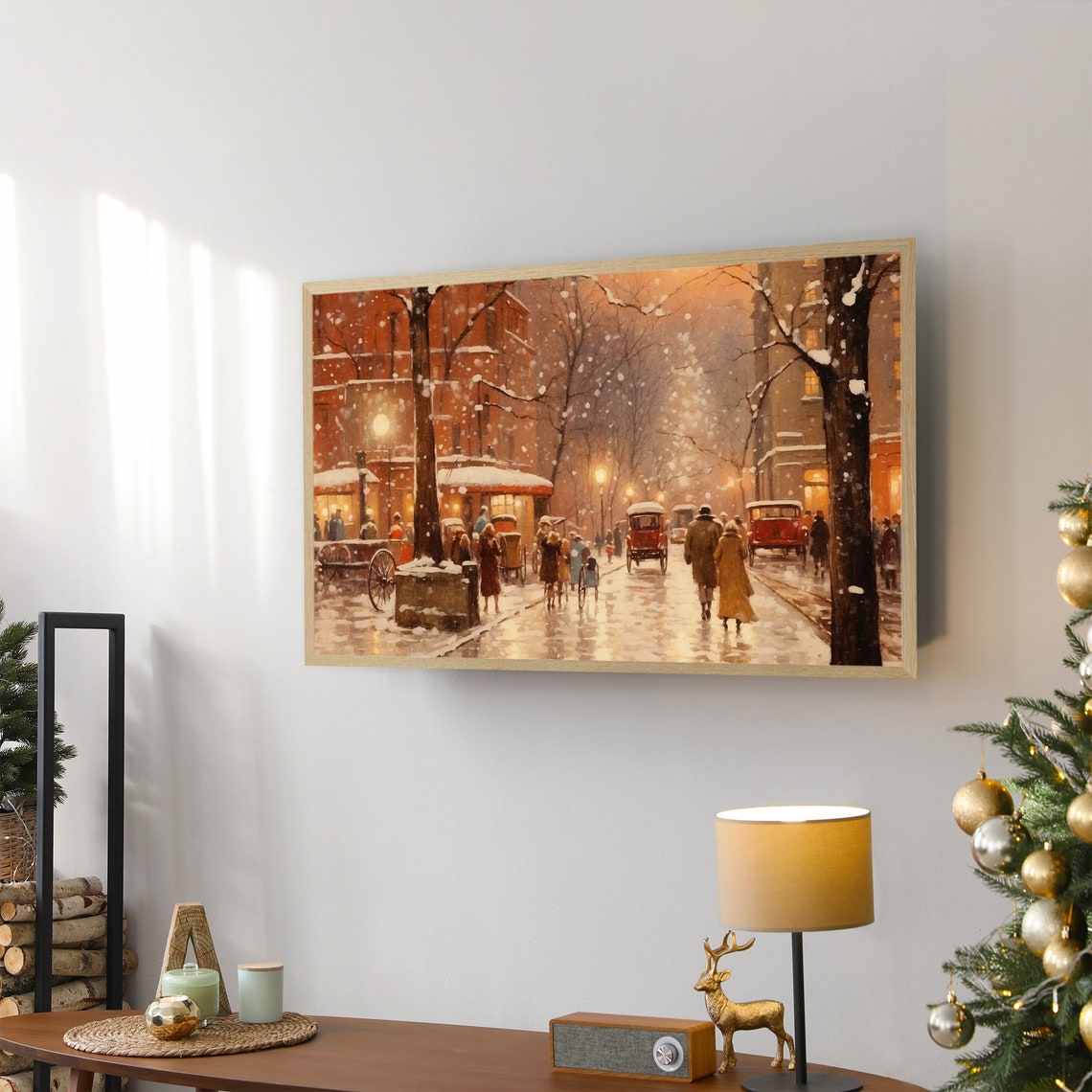 Frame Tv Art Vintage Winter For Tv Art Snowy Cityscape Painting Farmhouse Holiday Christmas Frame Tv Art - Image 3