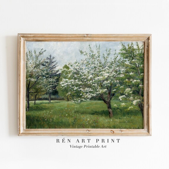 Spring Orchard Blooming Apple Trees Meadow Landscape Art Poster