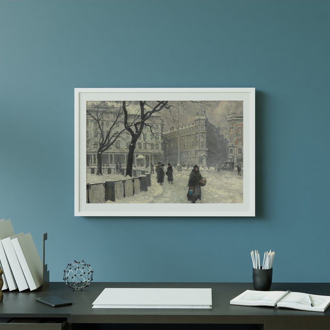 Antique Winter City Square with Grand Buildings Snow Scene Poster - Image 2