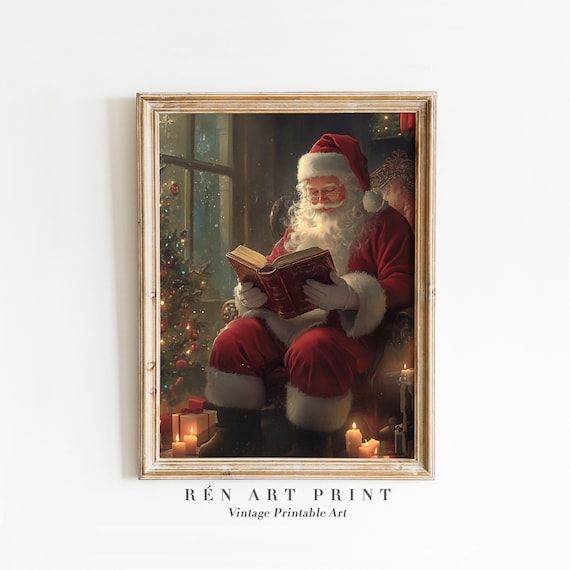 Santa Reading Book Vintage Christmas Wall Print