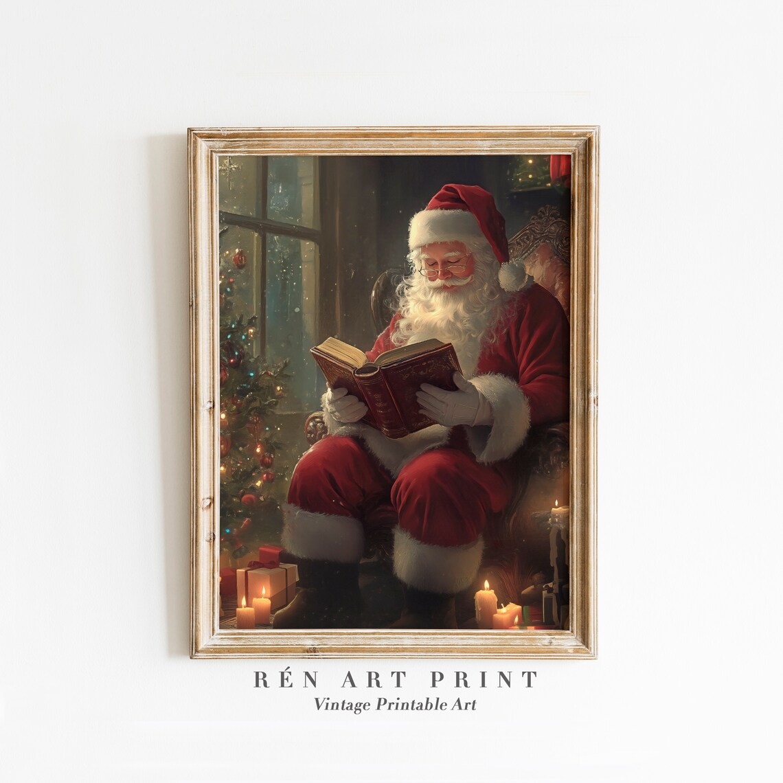 Santa Reading Book Vintage Christmas Wall Print