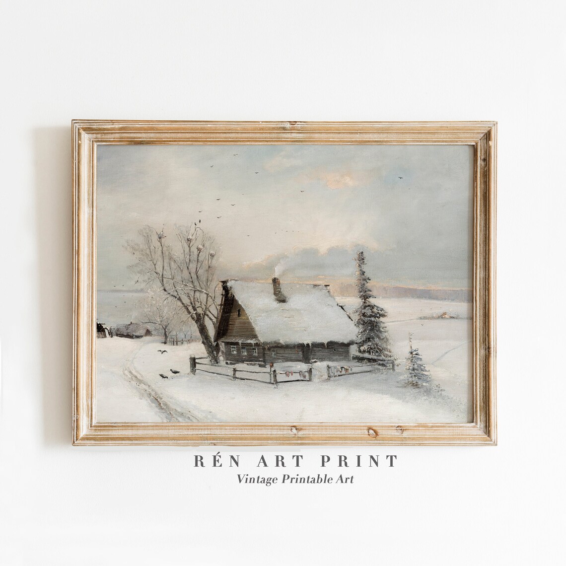 Vintage Winter Painting Print, Rustic Christmas Landscape