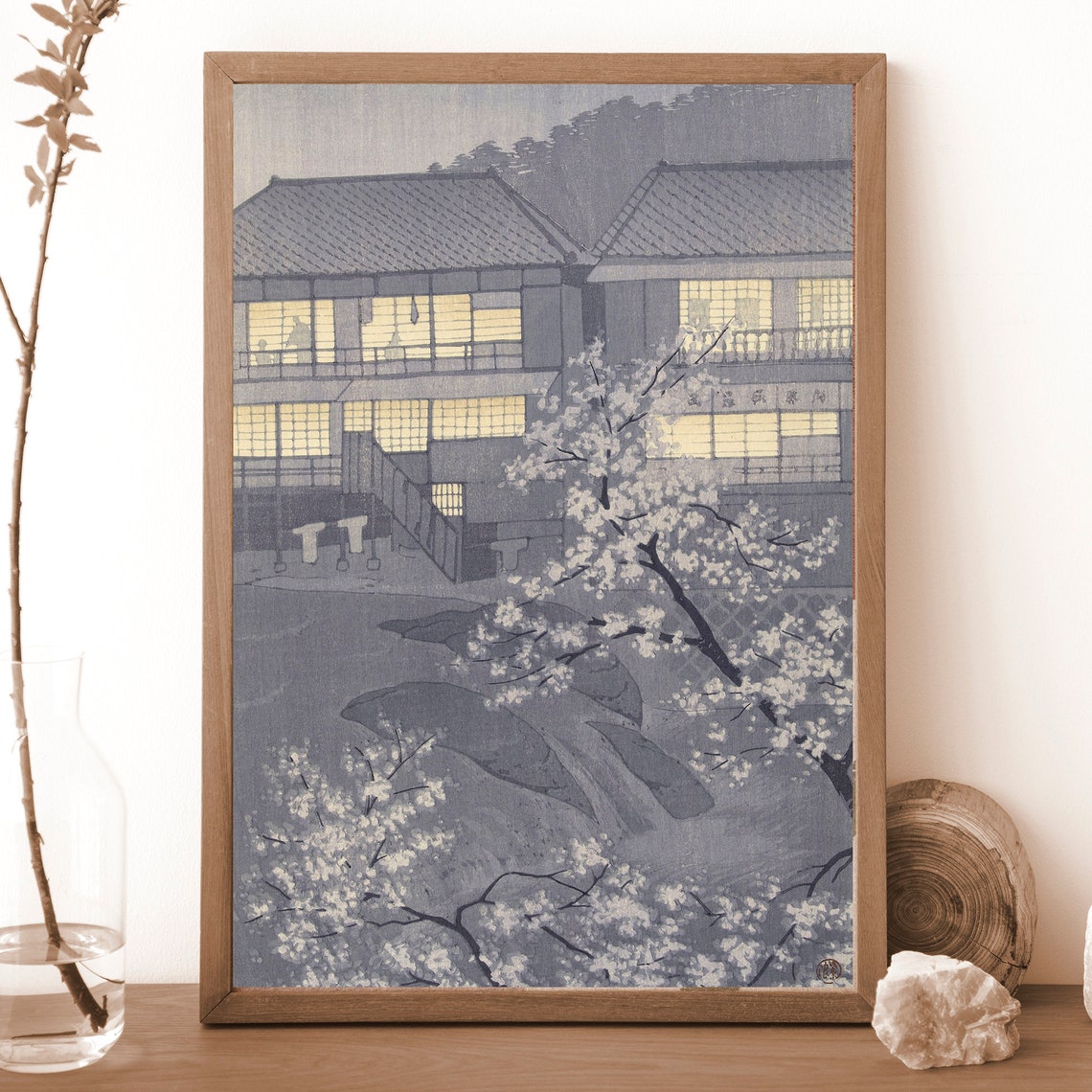 Japanese Woodblock Cherry Blossom Inn Night Vintage Asian Art Poster - Image 3