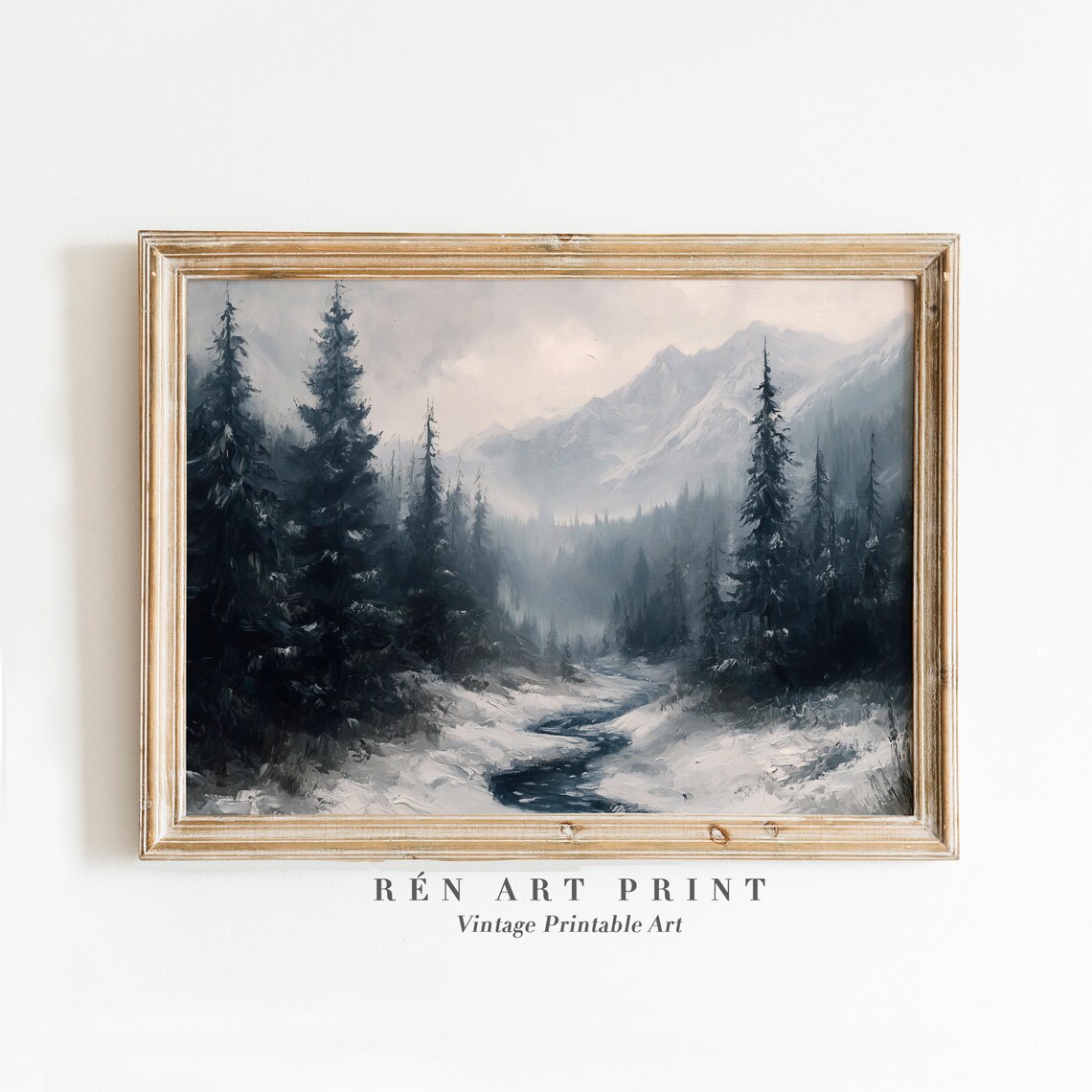 Winter Rustic Landscape Painting, Vintage Snowy Scenery
