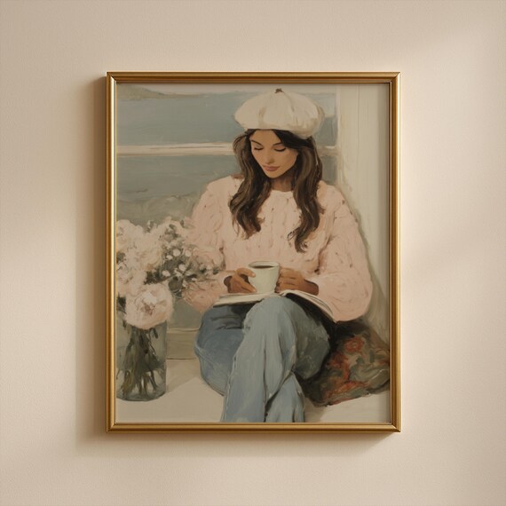 Cozy Girl With Beret Drinking Coffee by the Sea Window Poster
