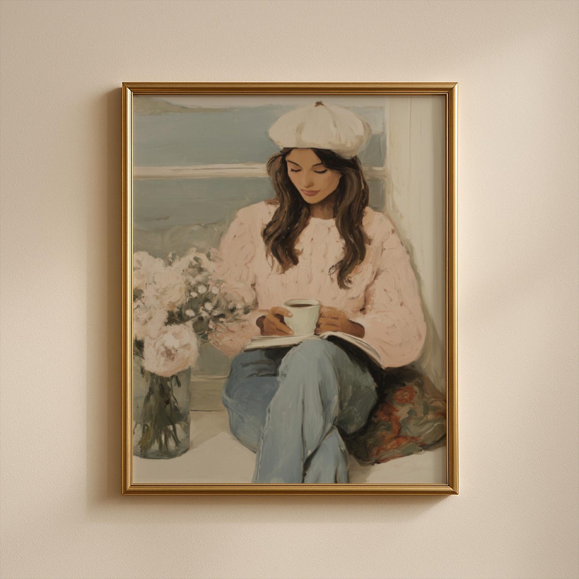 Cozy Girl With Beret Drinking Coffee by the Sea Window Poster
