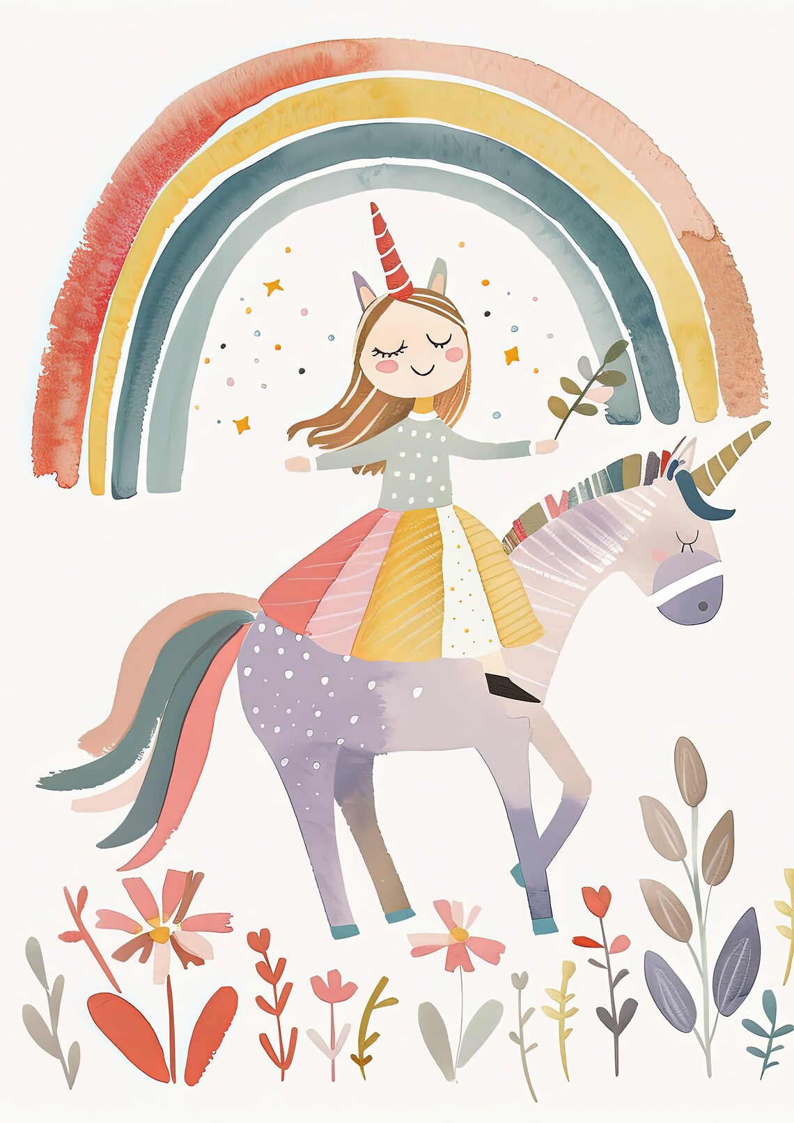 Happy Girl Riding a Purple Unicorn Under a Rainbow Art Poster - Image 3