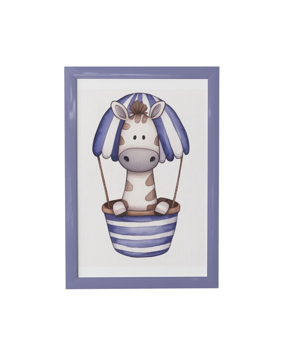 Baby Giraffe In Blue Striped Hot Air Balloon Basket Nursery Poster