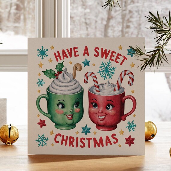 Have a Sweet Christmas Smiling Cocoa Mugs Retro Holiday Art Print