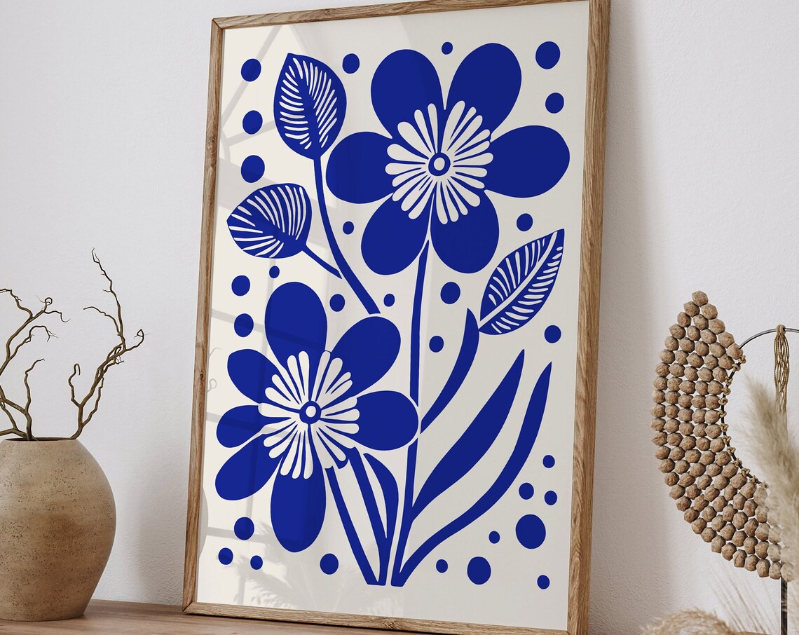 Royal Blue Indigo Flowers Bold Botanical Folk Style Art Print