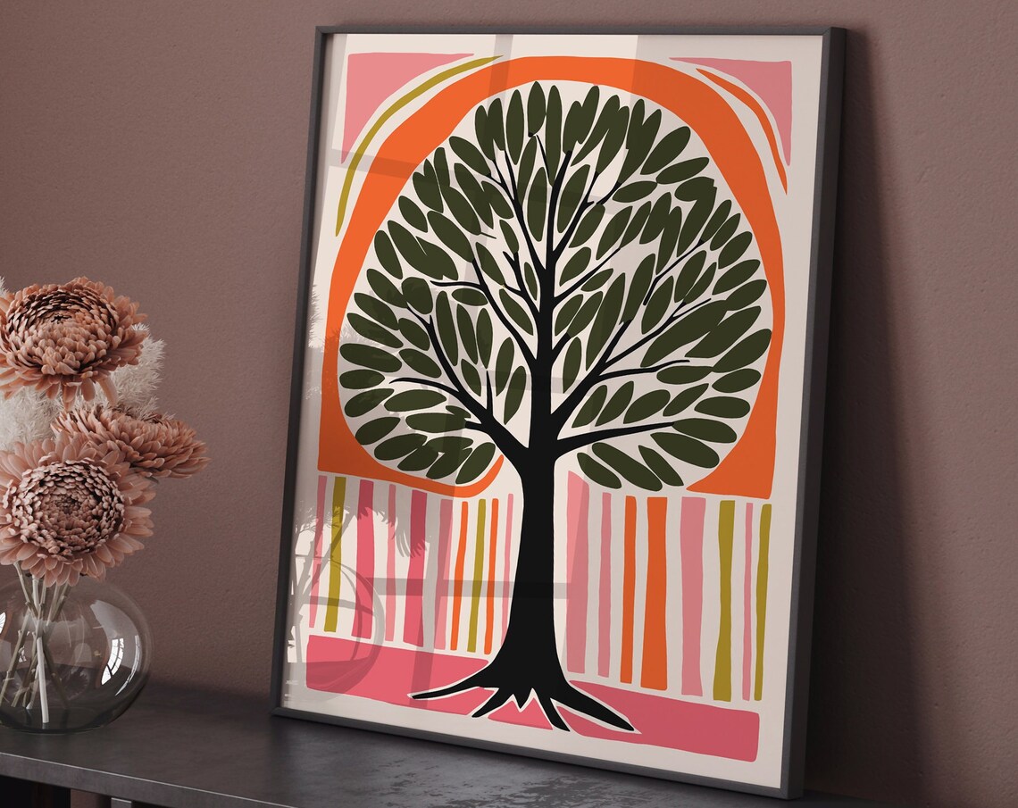 Tree Of Life Green Leaves Orange Pink Retro Nature Art Poster