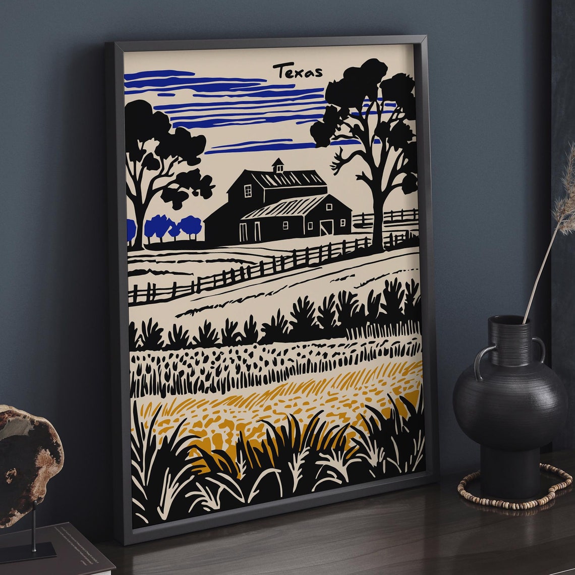Texas Barn Black Ink Rural Landscape With Blue Fields Poster - Image 6