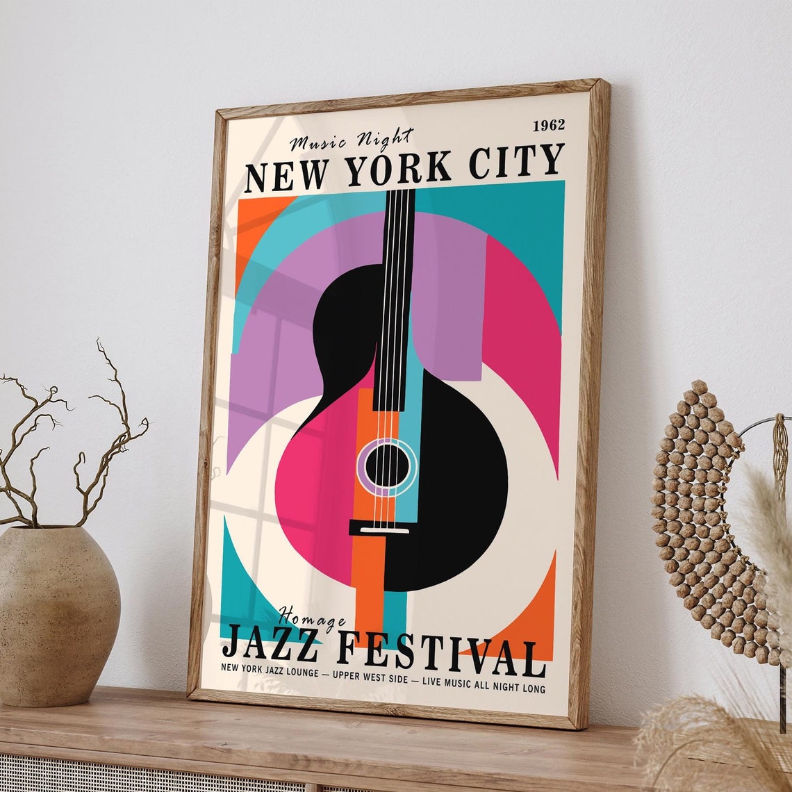 Nyc Jazz Festival Poster Retro Music Night Art Print Colorful Guitar Design New York City Airbnb Poster Mid Century Modern Wall Decor